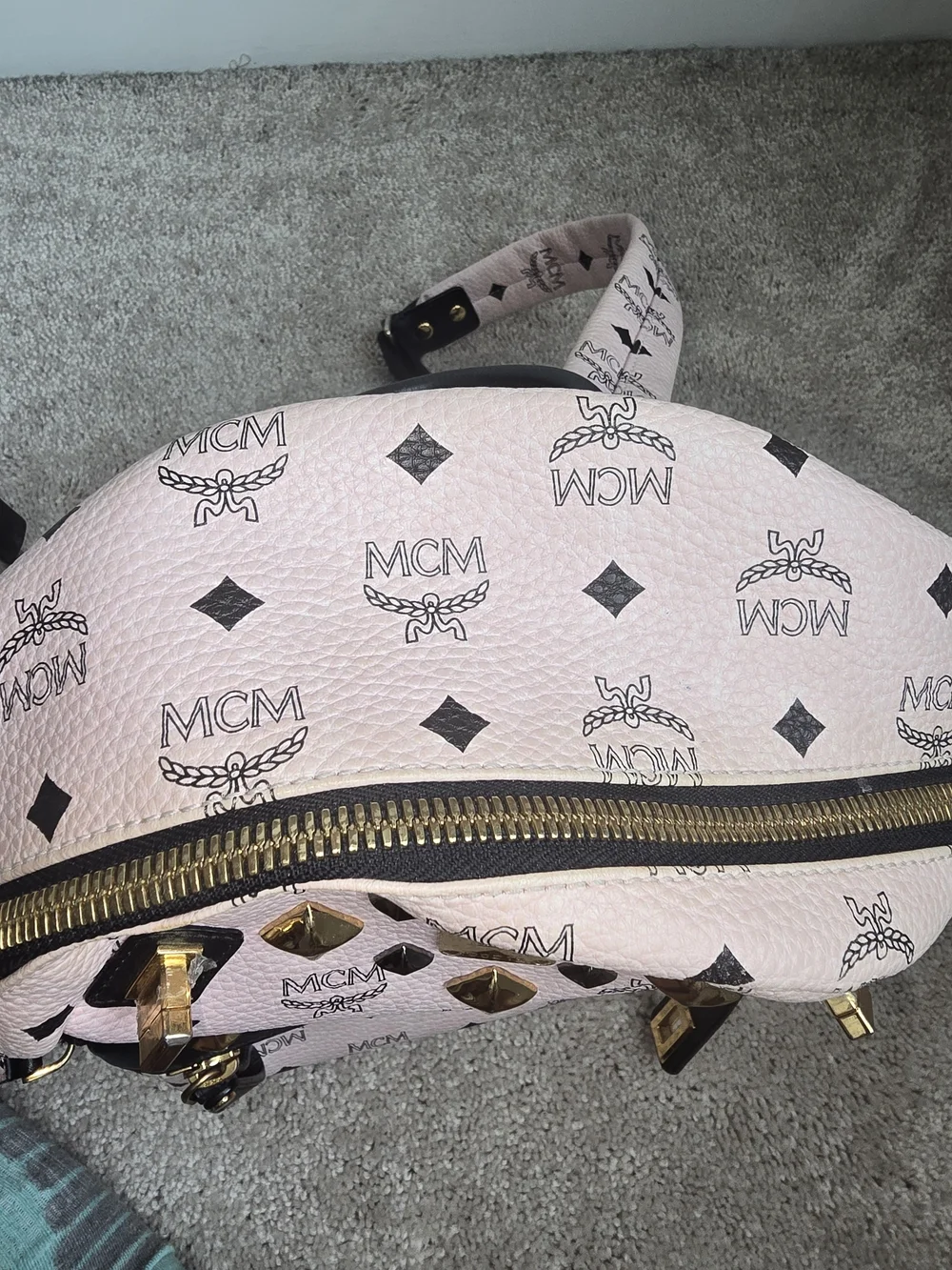 MCM Pink Visetos Studded Leather Backpack